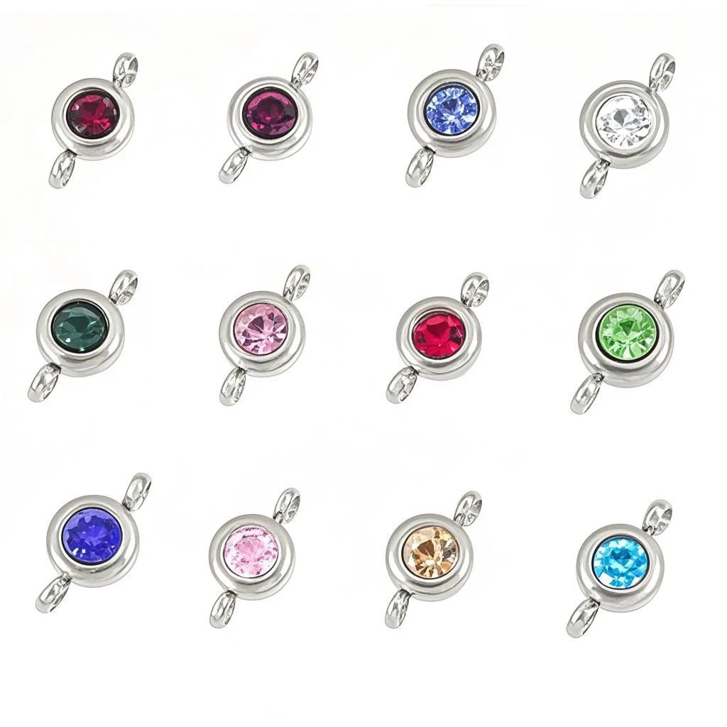 

10pcs/lot Stainless Steel Double-Loop Crystal Birthstone Charm 12 Months Birthday Stones Connector for DIY Jewelry Making