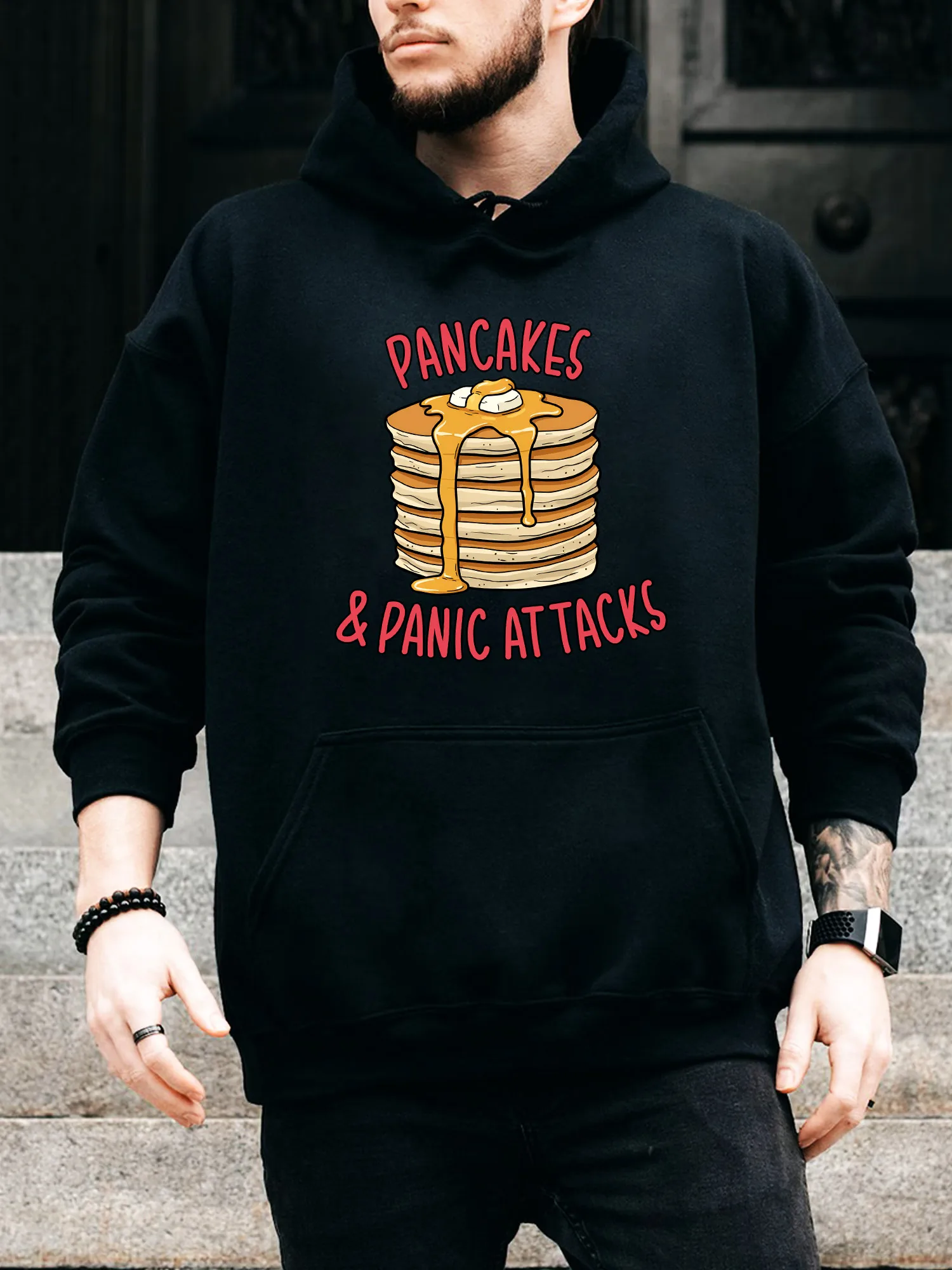 

Мужская толстовка на шнурке Pancakes and Panic Attacks — повседневный удобный черный пуловер, осенне-зимняя толстовка с капюшоном