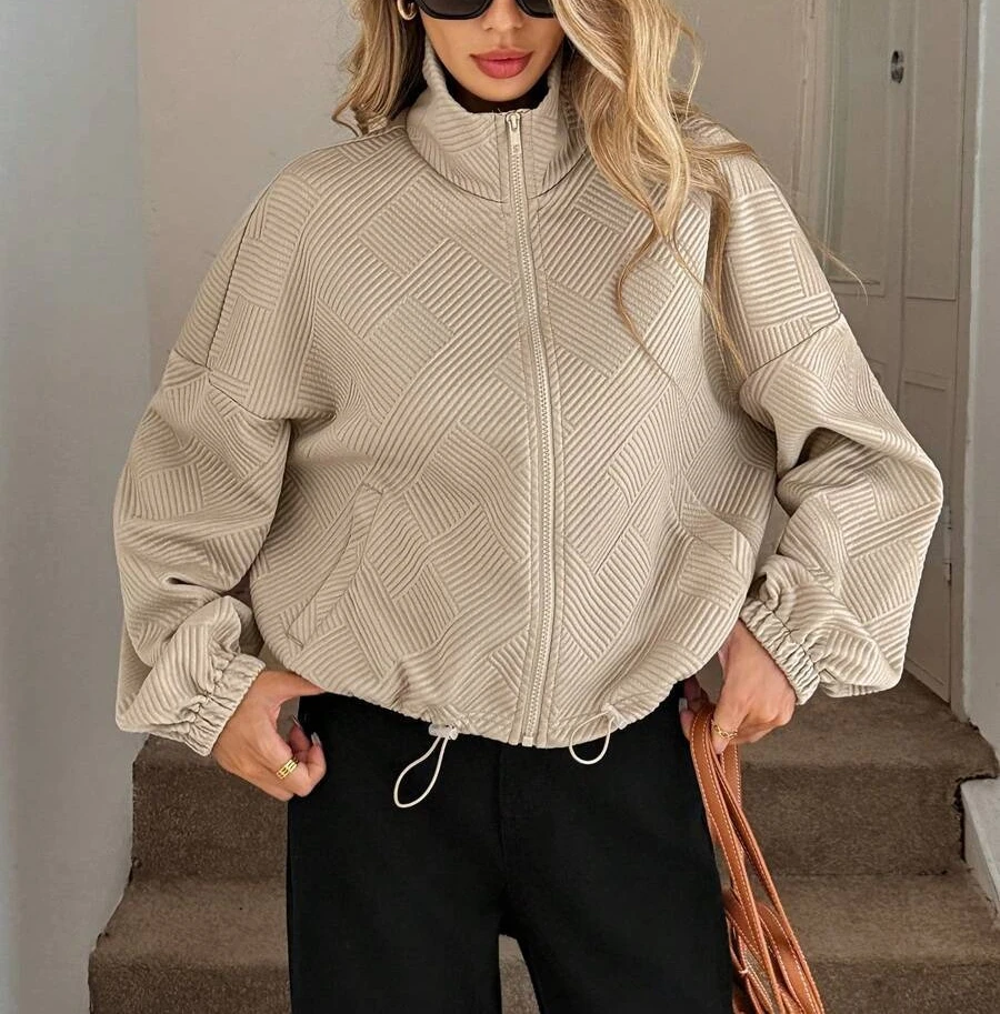 

2025 Autumn/Winter Women's Loose Baseball Jacket with High Collar, Zipper, Drawstring Hem and Pockets