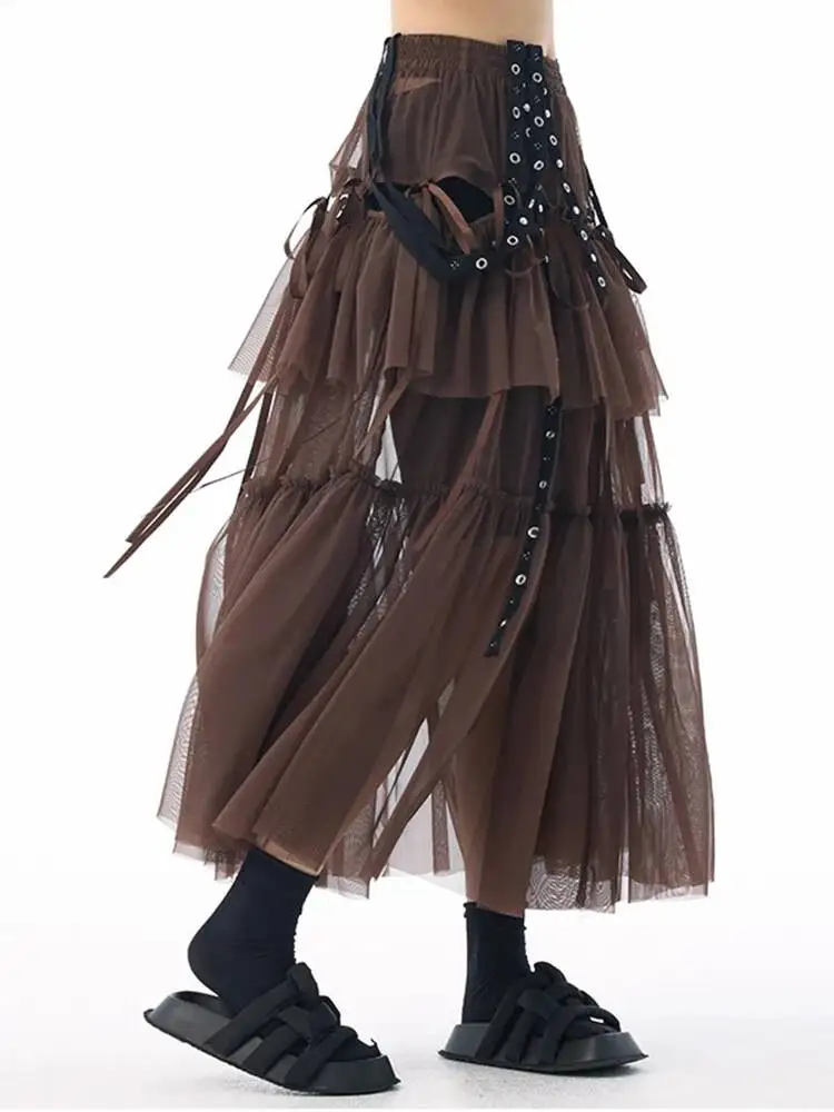 مرونة عالية الخصر القهوة شبكة منظور الشريط حزام نصف الجسم تنورة المرأة موضة المد جديد ربيع الخريف