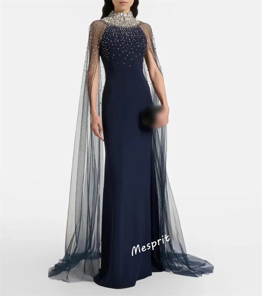 فستان سهرة فاخر مخصص بحجر الراين بياقة عالية بدون أكمام فساتين طويلة على شكل بوق مناسبة حسب الطلب فستان المشاهير للحفلات