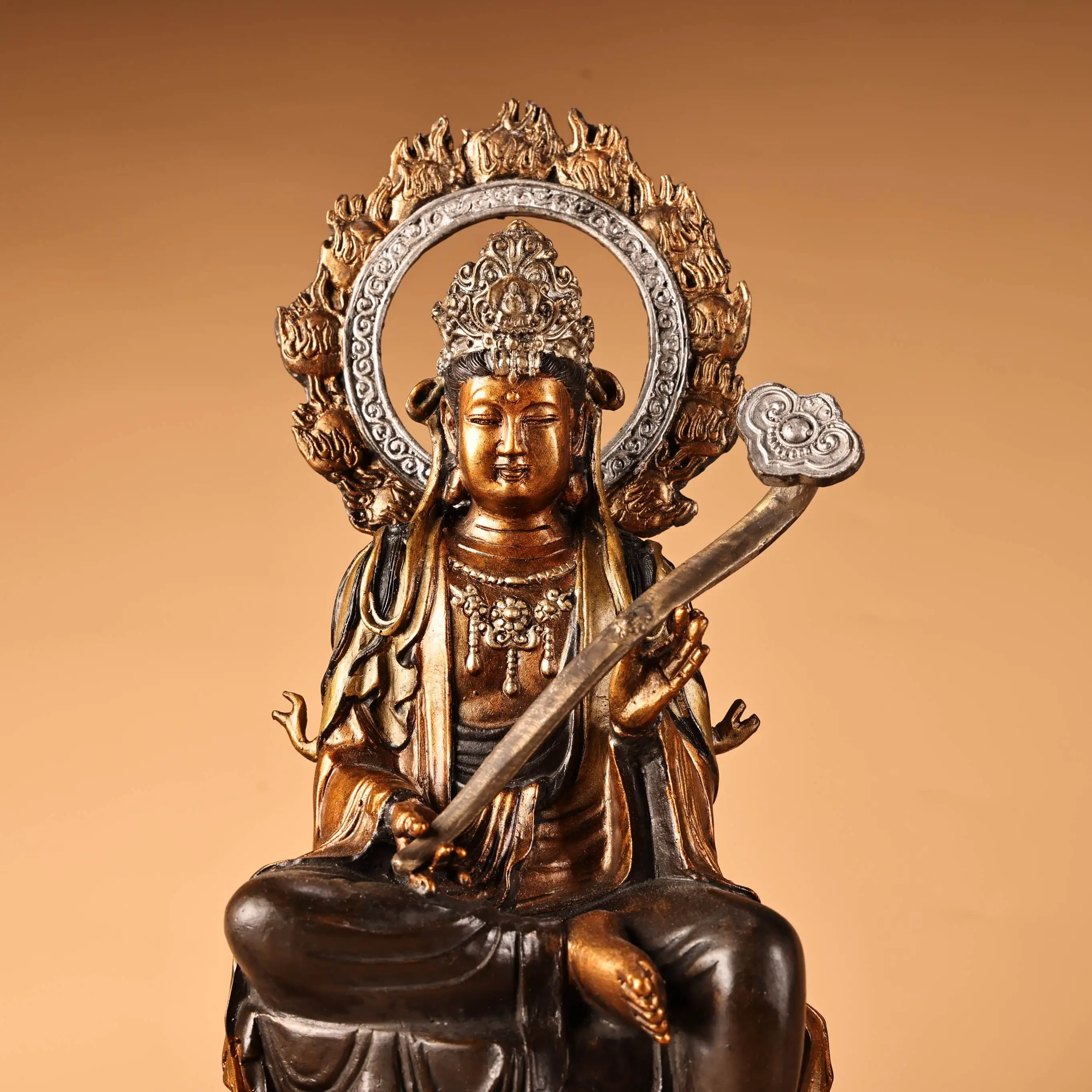 Bronze Gilded Silver Painted High Relief Manjusri Bodhisattva Samantabhadra Bodhisattva Sitting Buddha Mount backlight