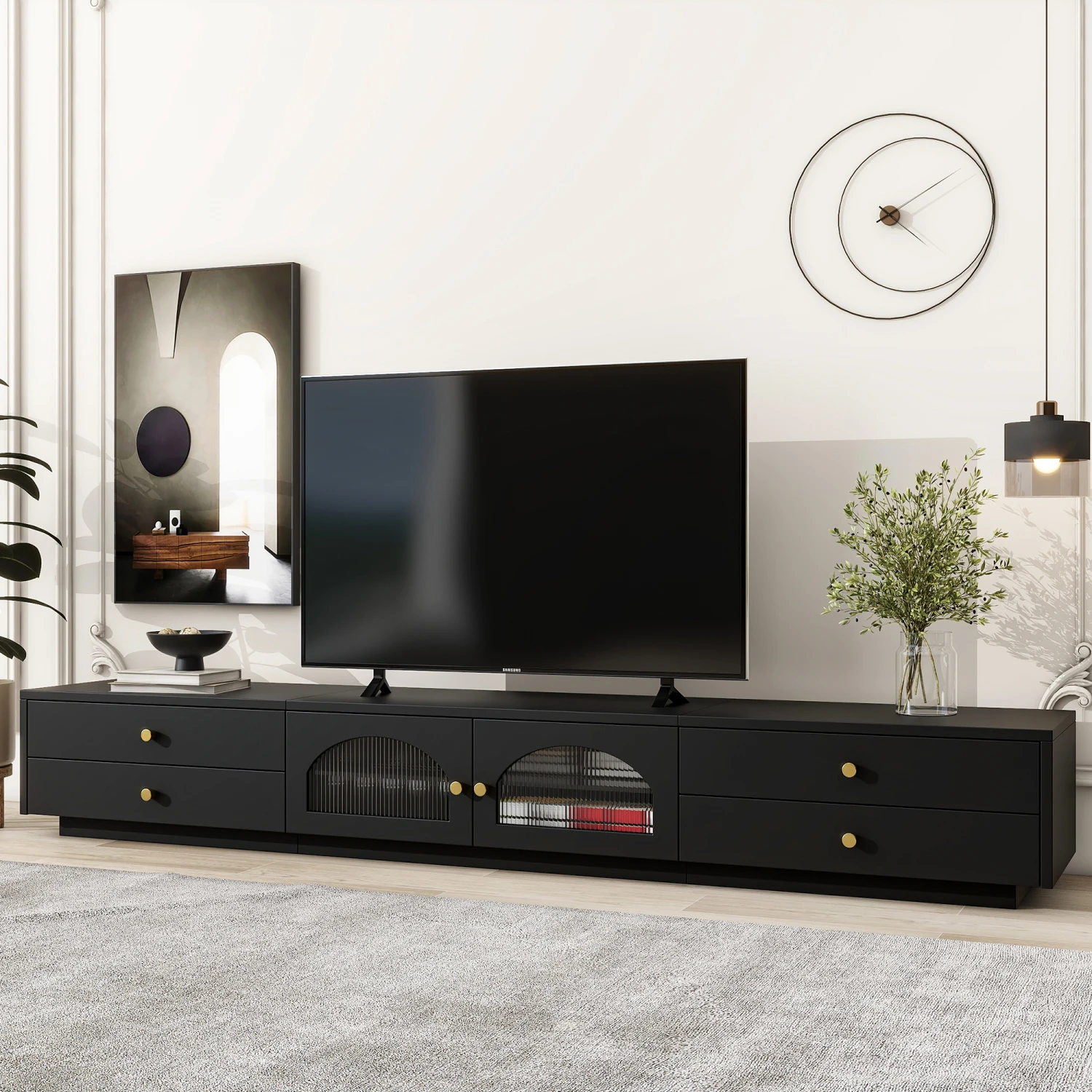 

ON-TREND Luxurious TV Stand with Fluted Glass Doors, Elegant and Functional Media Console for TVs Up to 95'', Tempered Glass She