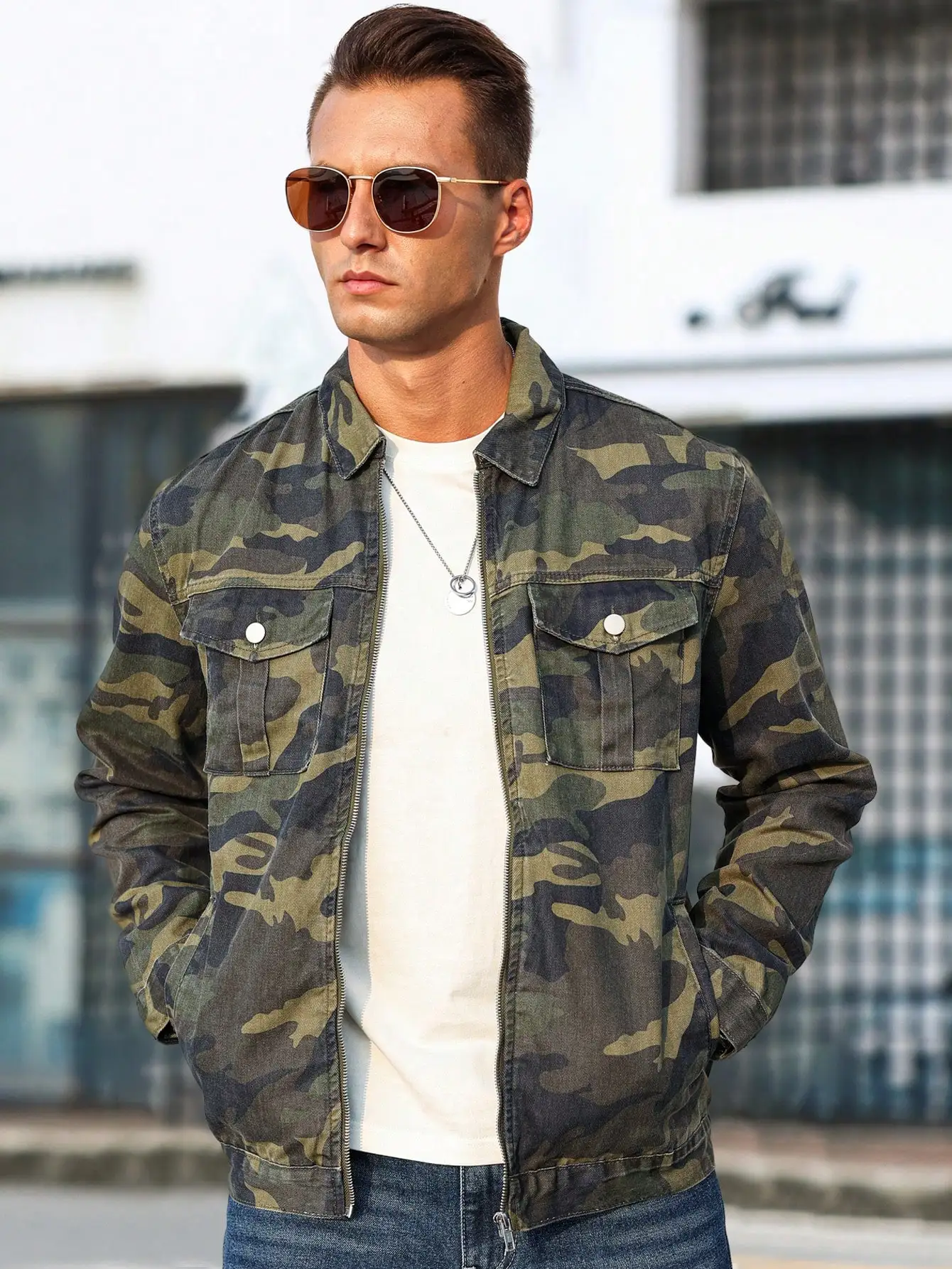 Men Vintage Military Camouflage Denim Jacket Casual Army Workwear Zip Up Button Flap Pocket Coat Streetwear
