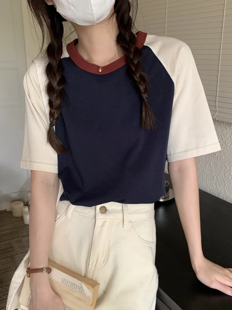 AOSSVIAO Sommer-Tops für Damen, T-Shirt mit Umlegekragen, kurze Ärmel, Beige, Blau, schick, Y2k-Mode, Patchwork, 2026 T-Shirts – Detail 11