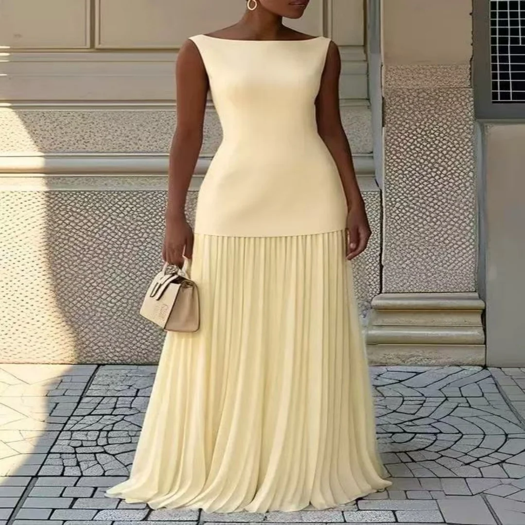 Women Elegant Solid Splice Pleated Skirts Set Sexy Slash Neck Sleeveless Tank Boho Dress Summer Hollow Slim Maxi Skirts   3.5