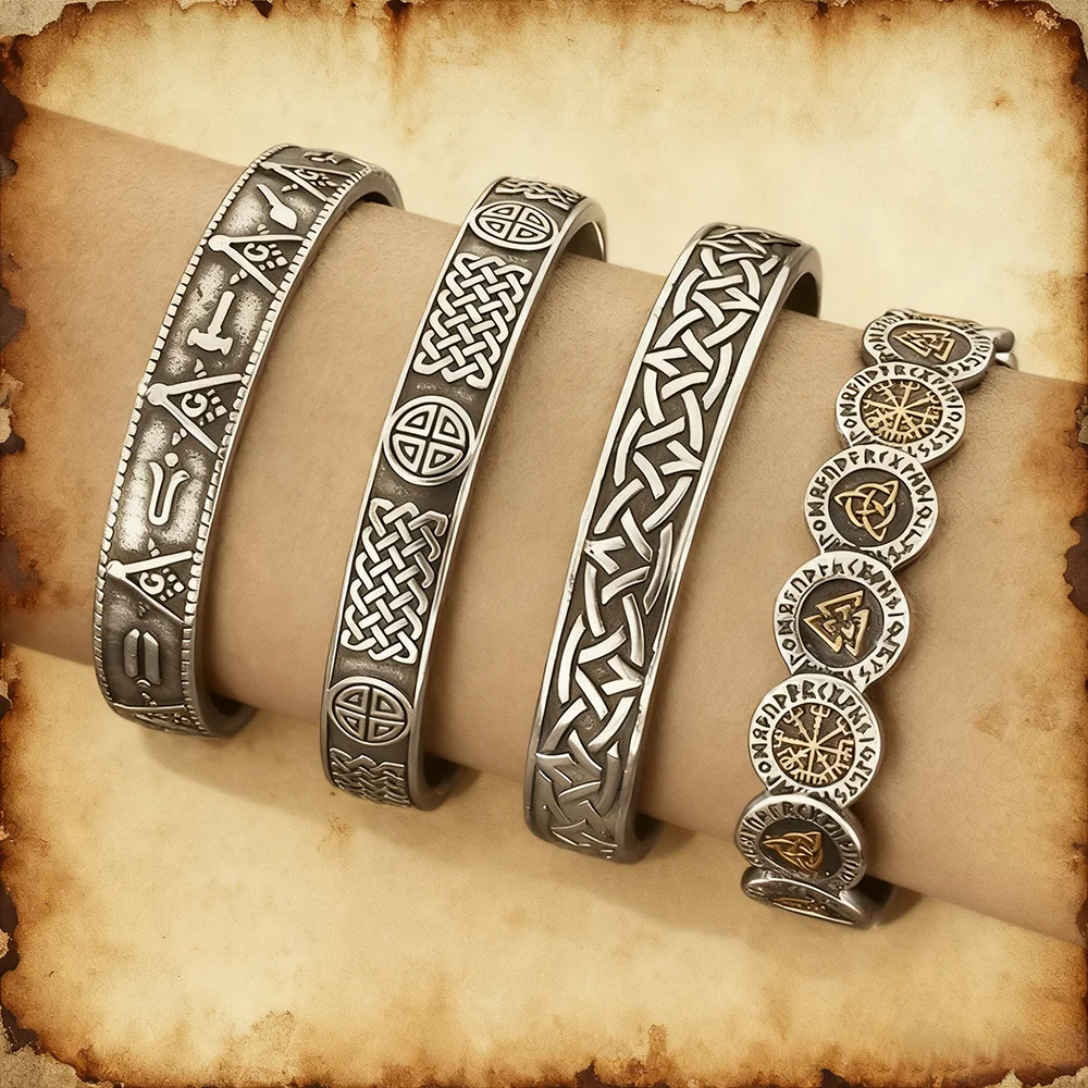 Wikinger Keltischer Knoten Armband Retro Rune Totem Offene Manschette Armreif Vintage Punk Edelstahl Verstellbarer Schmuck Geschenk für Männer Frauen