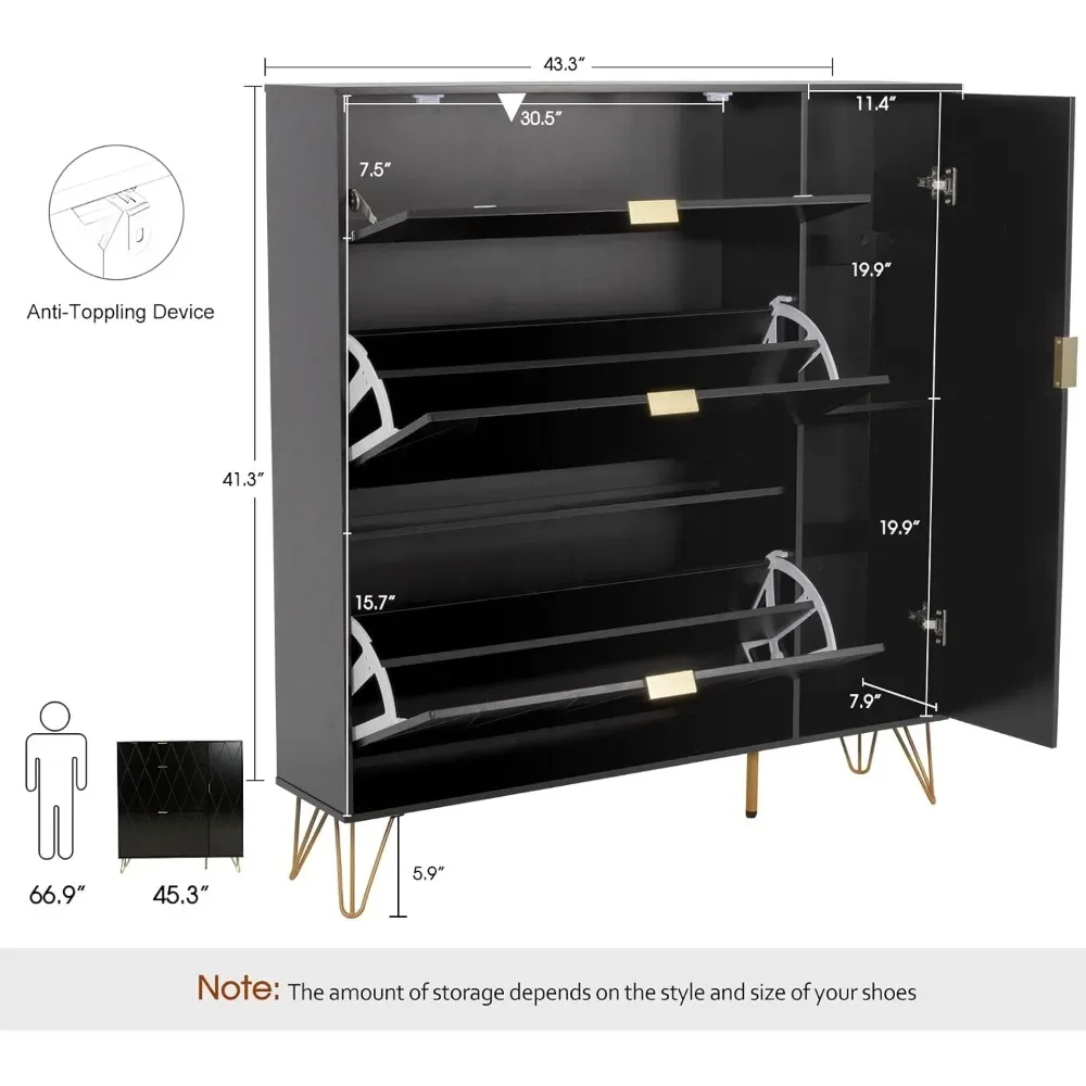 Shoe cabinet, freestanding shoe rack locker with drawers and metal legs, modern shoe locker with 3 entrance flip drawers