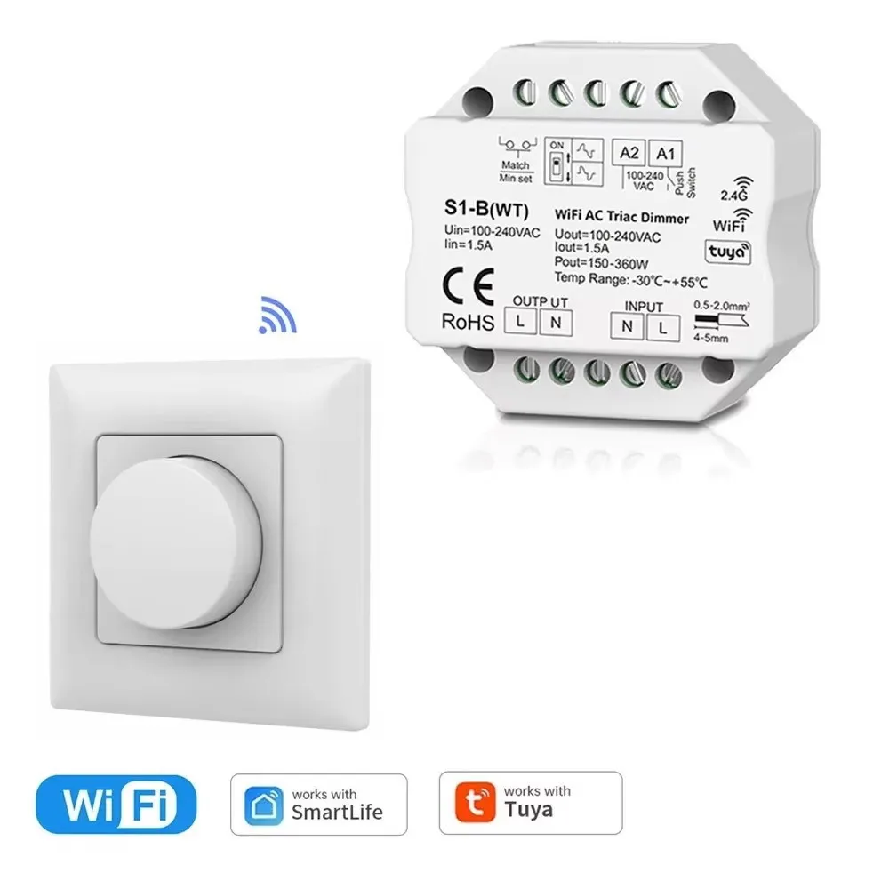 Tuya Smart Life WiFi AC Triac Dimmer Controller Push Switch 2.4G Wireless Rotary Knob Dimming Remote for Light Bulb