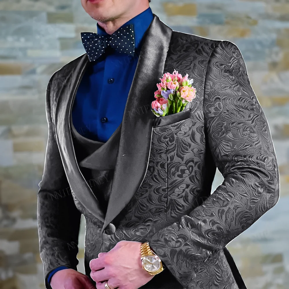 Navy blue Men\'s Suit Jacquard Jacket Pants Vest 3-piece Set Formal Wedding Groom\'s Tuxedo Fashion 2024 Blazer Elegant Men Suit