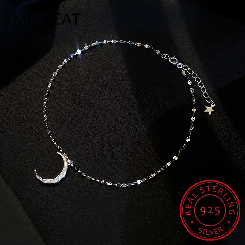 925 Sterling Silver Moon Cubic Zircon Anklet Bracelet Dainty Meniscus Anklet Jewelry For Women Summer Beach Gift S-B321