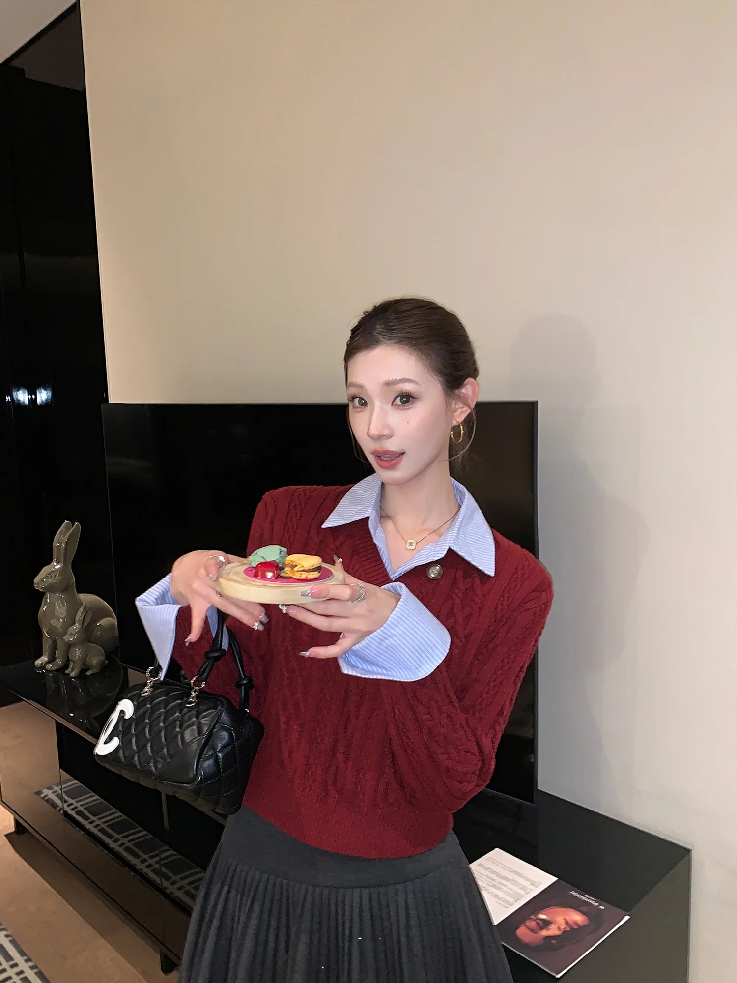 

Slim Fit ort Ne Knit Sweater Women's Inner Wear Casual Sle Two-Piece Set Polyester Fiber Long Sve Winter Top