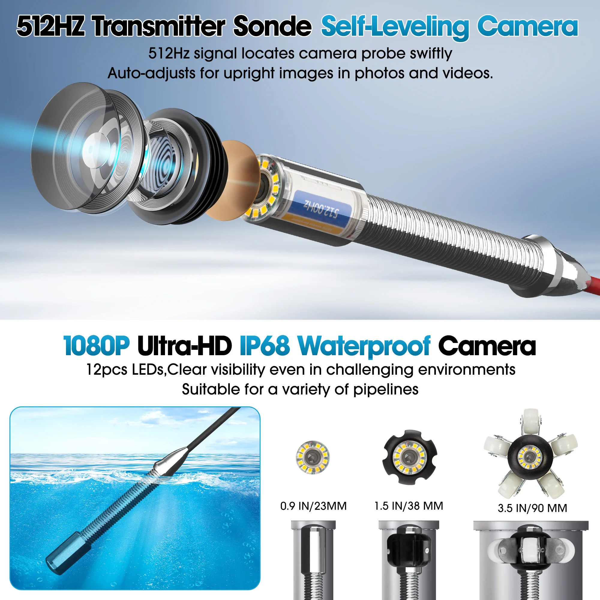 9Inch Drain Pipe Inspection Sewer Camera  512 HZ Self Leveling Industrial Endoscope 23 mm Head Sewer Camera Pipe with Locator