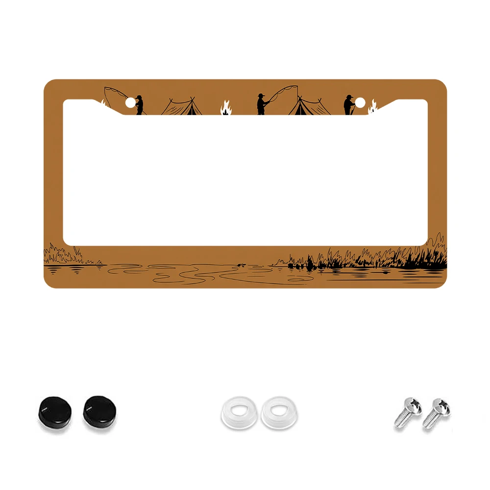 

1 шт. коричневая рамка номерного знака с 2 отверстиями и силуэтным узором для кемпинга, алюминиевый материал, 6x12 дюймов, включает комплект винтов, ретро