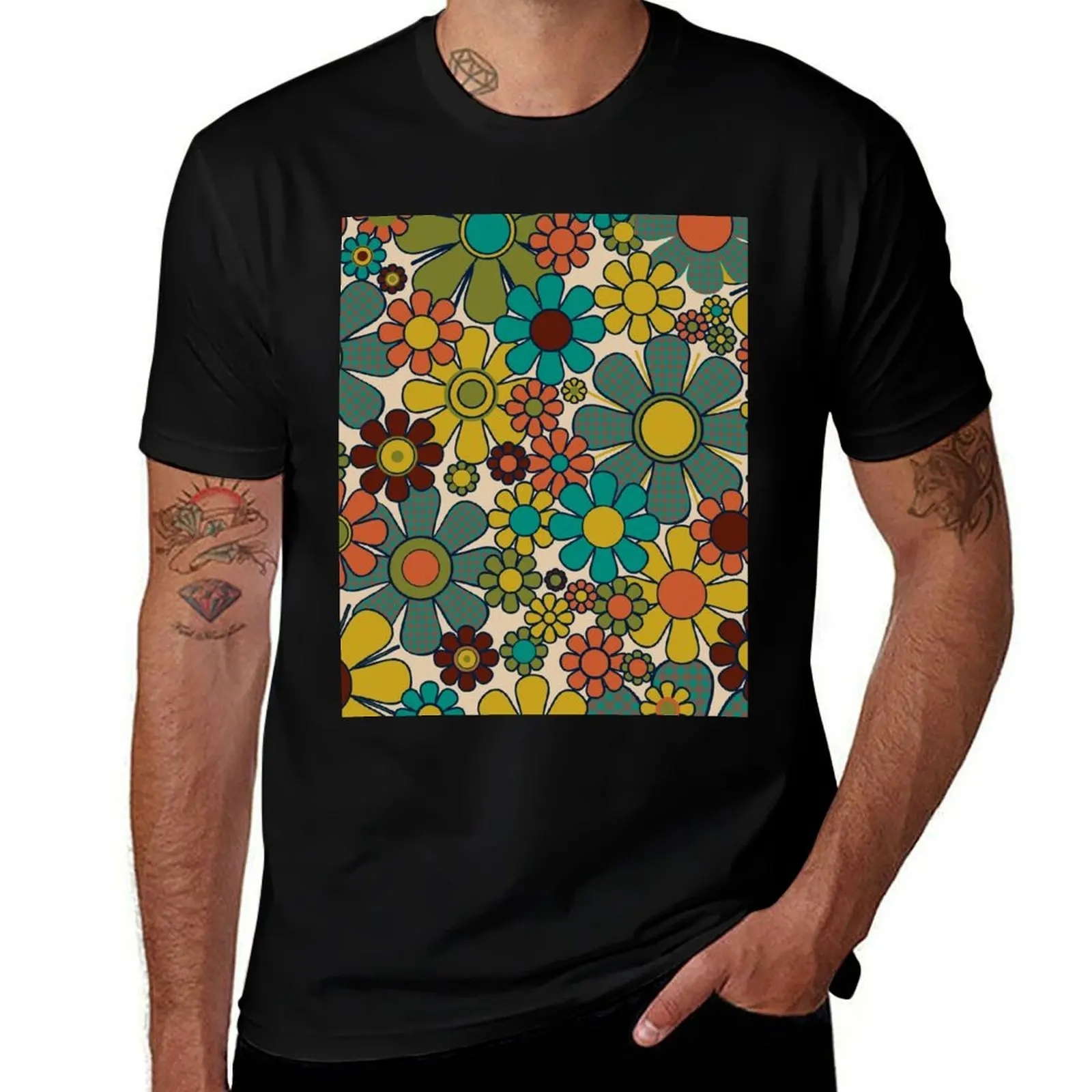 Retro Garden Gingham Flowers 70s Floral Pattern 2 in Mid Century Modern Olive Mustard Teal Orange T-Shirt