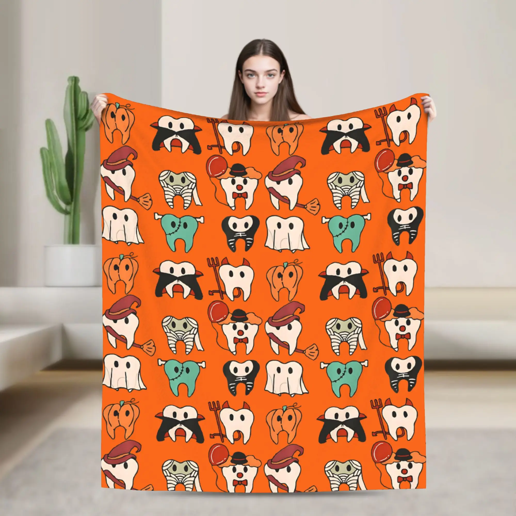 Pumpkin Tooth  Blankets Cartoon Teeth Helloween Wool Awesome Breathable Throw Blankets for Home Restaurant Summer,