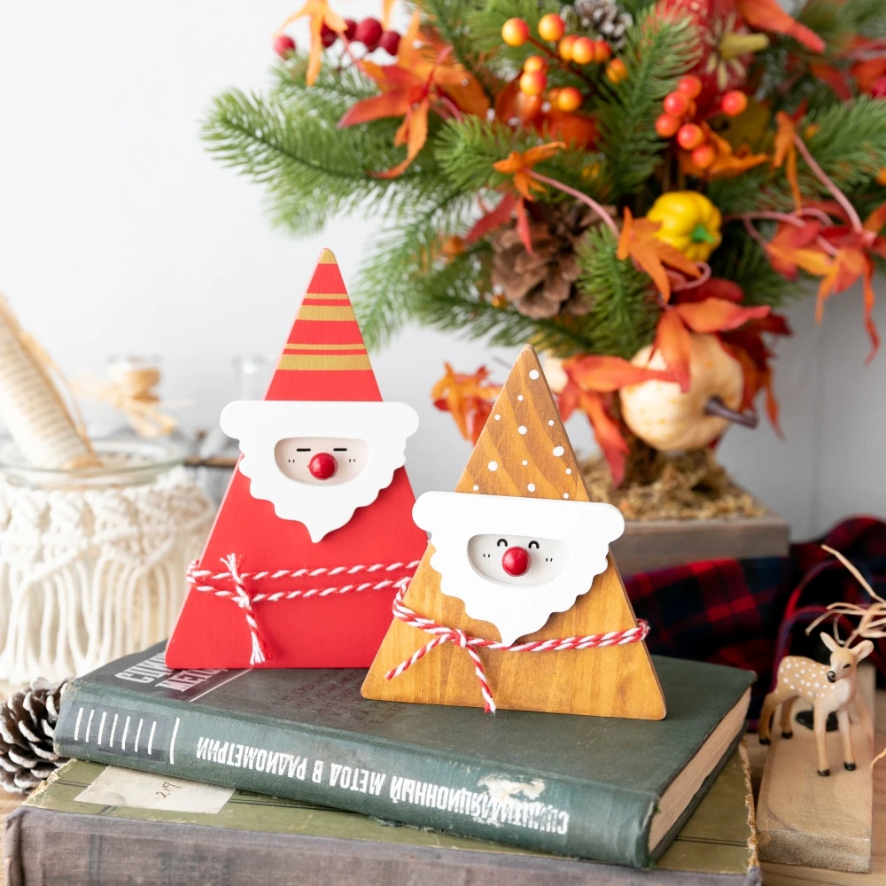 2pcs Wooden Triangular Santa Claus Mini Christmas Tree Collectible Figurine Ornaments Christmas Decorations Holiday Home Decor