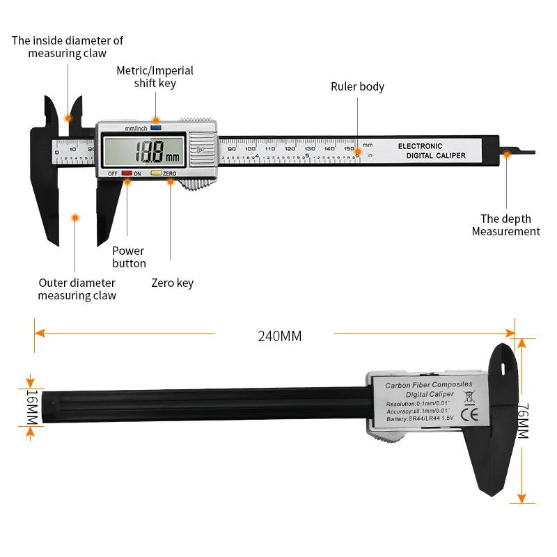 100mm-150mm Electronic Digital Caliper Carbon Fiber Dial Vernier Caliper Gauge Micrometer Measuring Tool Digital Ruler