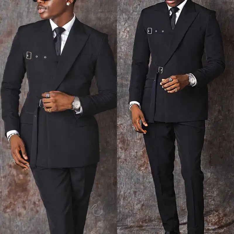 

Handsome Men Wedding Tuxedos Peaked Lapel Jacket Blazers Classic Fit 2 Pieces Customized Business Party Outfits