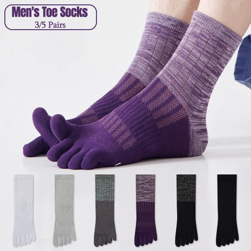 

3/5 Pairs Men's Cotton Five Toe Crew Socks Antibacterial Deodorant Color Block Athletic Running Sports Separate Toe Socks