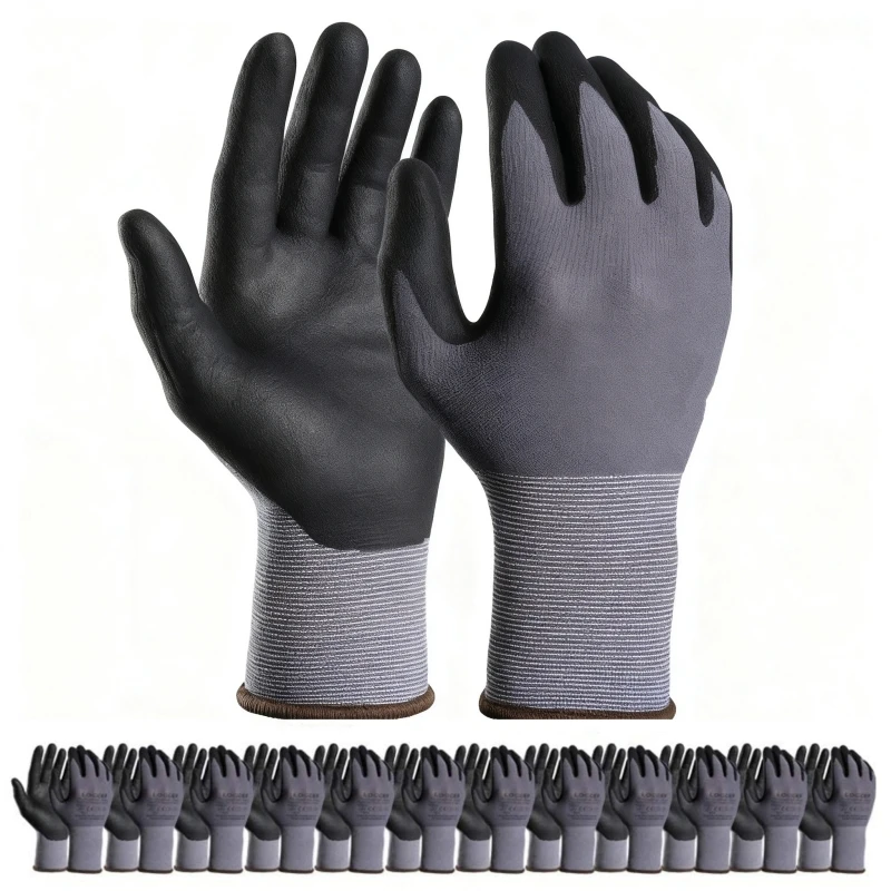 12 Stück Sicherheits-Arbeitshandschuhe, Mikroschaum, Nitril-beschichtet, Touchscreen, robuste Handschuhe mit Griff für Männer und Frauen, Gartenarbeit, Mechaniker, Auto