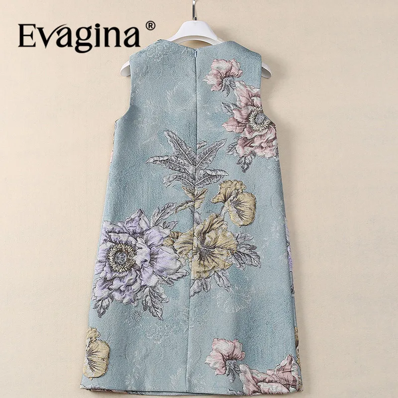 Evagina Light Blue/Light Yellow Summer Women's Dress Jacquard Sleeveless Beading High Street Party Dresses