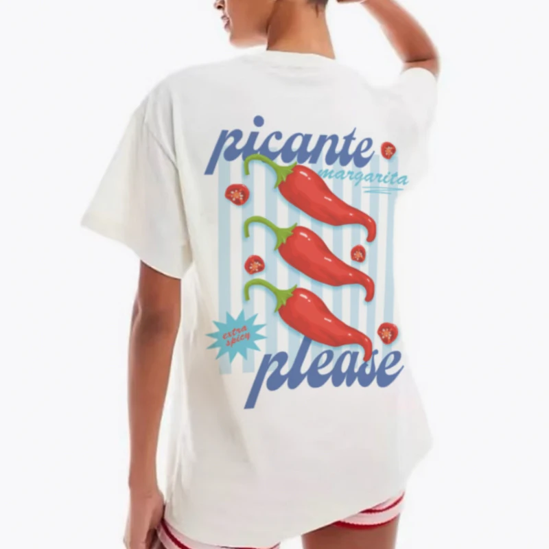 Spicy Margarita Back Print Tshirts Vintage Chili Pepper Graphic Tees Women Loose Cute Y2k Cocktail Lover T Shirt Unisex Clothing
