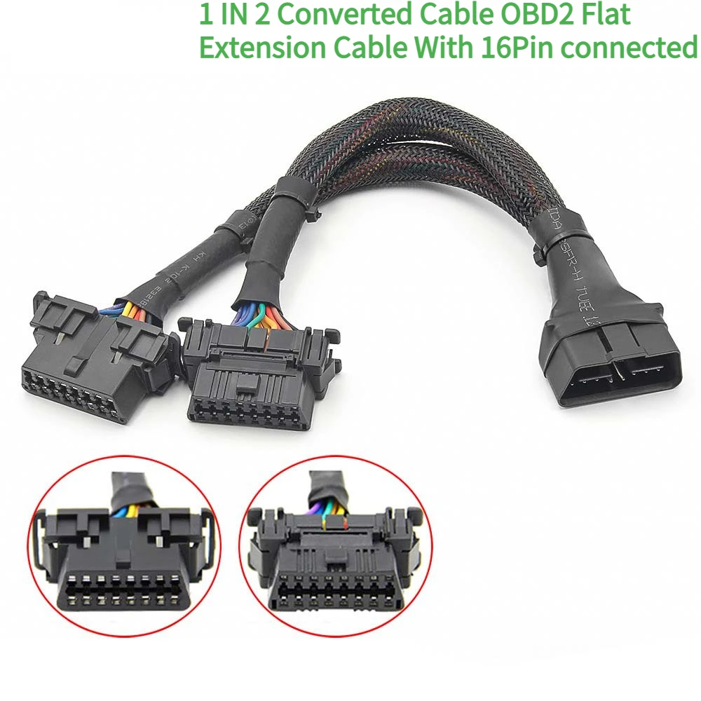 NEW OBD2 1 IN 2 Converted Cable OBD2 Flat Extension Cable with 16Pin Connected Car Cable Connected 1 IN 2 Converted OBD2 Adapter