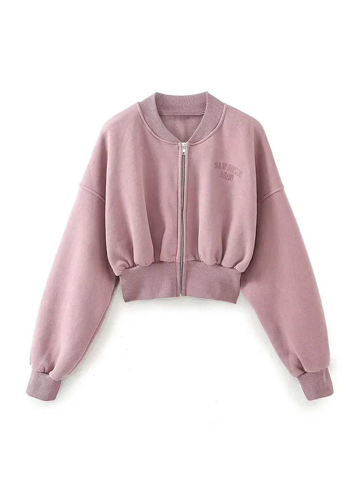 

Willshela Women Fashion Pink Embroidery Front Zipper Sweatshirts Vintage O-Neck Long Sleeves Female Chic Lady Tops