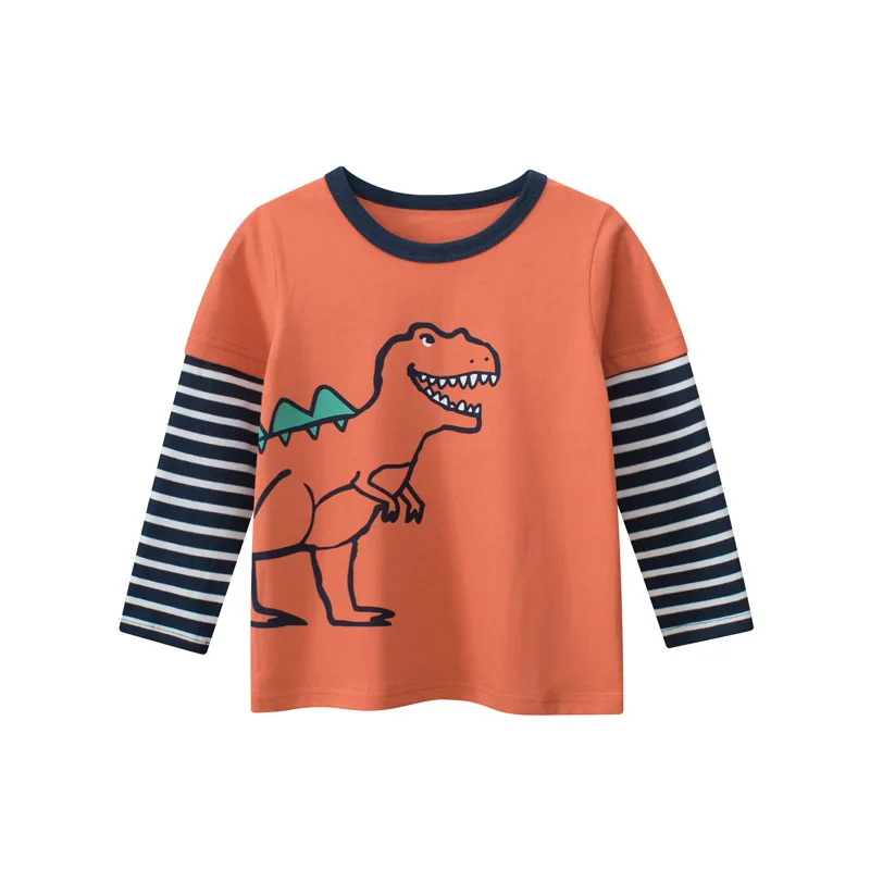 2024 Spring Autumn New Letter Dinosaur T-shirt for Boys Kids Outfit Stripe Long Sleeve O-Neck Cotton Top Children\'s Clothing