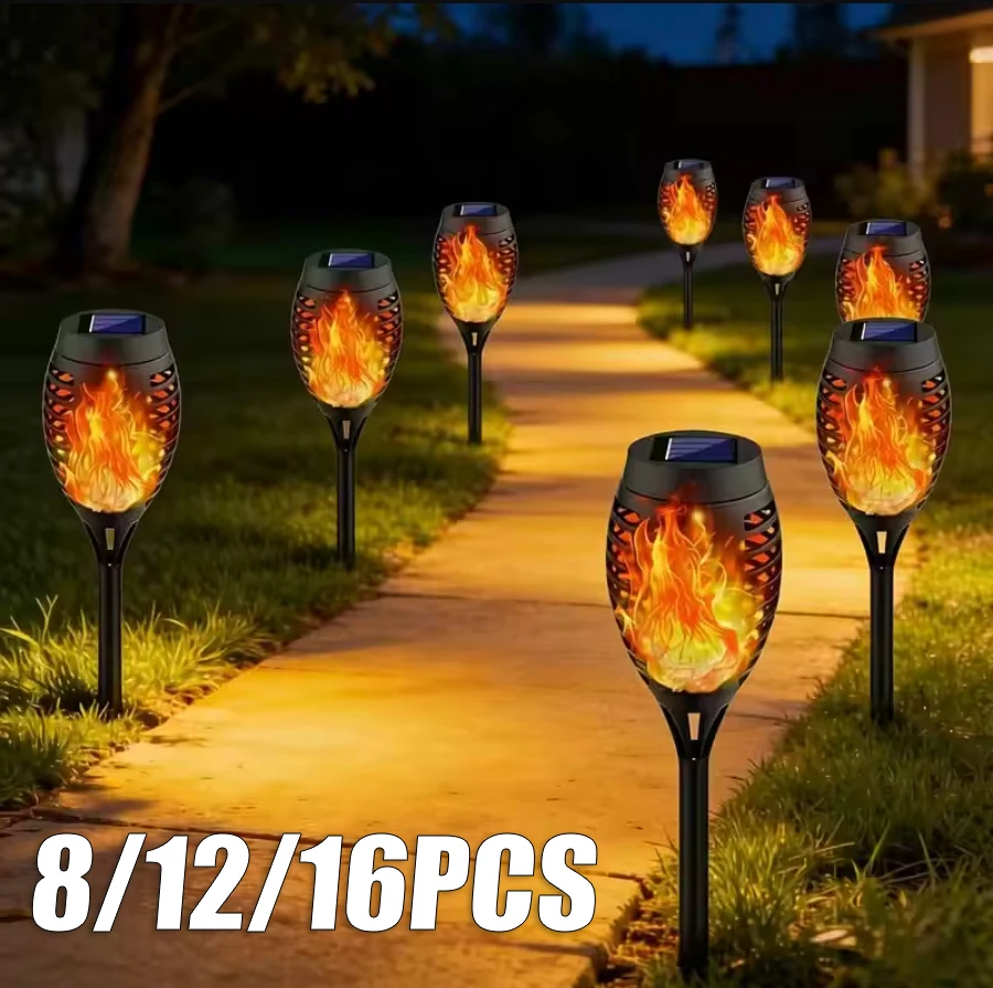 Image of 8/12/16 Stück Solar-Flammenfackeln, flackerndes Licht, wasserdicht, Gartendekoration, Außenbeleuchtung für Rasen, Wege, Hof, Terrasse, Bodenlampen