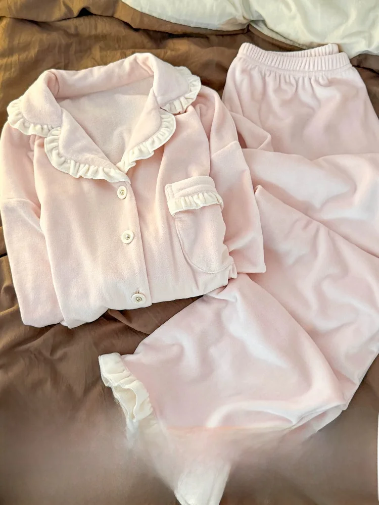 2026-autumn-winter-thickened-island-velvet-sleepwear-pink-home-clothes-doll-collar-fleece-lined-long-sleeve-loungewear