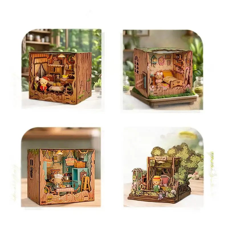 لغز بيت شجرة خشبية ثلاثية الأبعاد من OUZEY - مجموعة بناء تيدي بير كوخ DIY، هدية حرفية مصغرة لبيت الدمى للفتيات والمراهقات #5