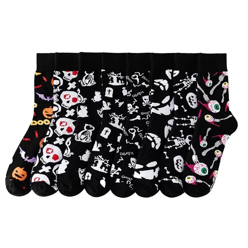 1/8 Paar Unisex-Halloween-bedruckte Mid-Tube-Socken, modischer Totenkopf-Kürbis, schweißabsorbierend, atmungsaktiv, für alle Jahreszeiten, Freizeitsocken – Detail 12
