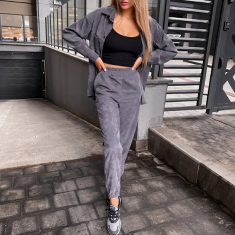 autumn Warm velvet matching sets Women Tracksuit Two Pieces Set Long Sleeve shirts  Blouses Pockets Pencil Pants Casual Slim Fit