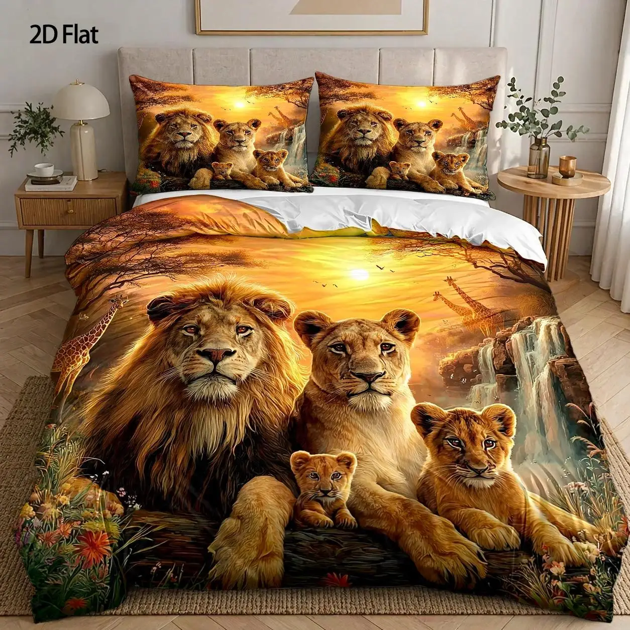3-Piece Quilt Cover Set, 1 Quilt Cover + 2 Pillowcases (Without Filling) 2D Flat Priting, Lion Family Theme, Realistic Style, African Savanna Sunrise, Suitable for All Seasons, Machine Washable, Invisible Zipper, Large Quilt Cover Set, Bedding Set, Skin-Friendly, Breathable, Soft and Comfortable, Does Not Fade or Pill, Suitable for Home/Dormitory/Master Bedroom/Guest Room