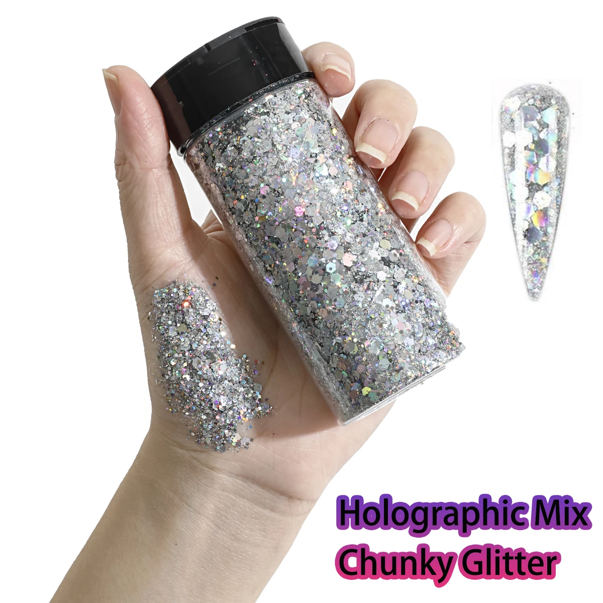 1 Flasche holografischer klobiger Glitzer, 80 g, Bastel-Glitzerpulver, gemischte, klobige, feine, schillernde Nagel-Pailletten für Nägel, Festival-Dekoration – Detail 5