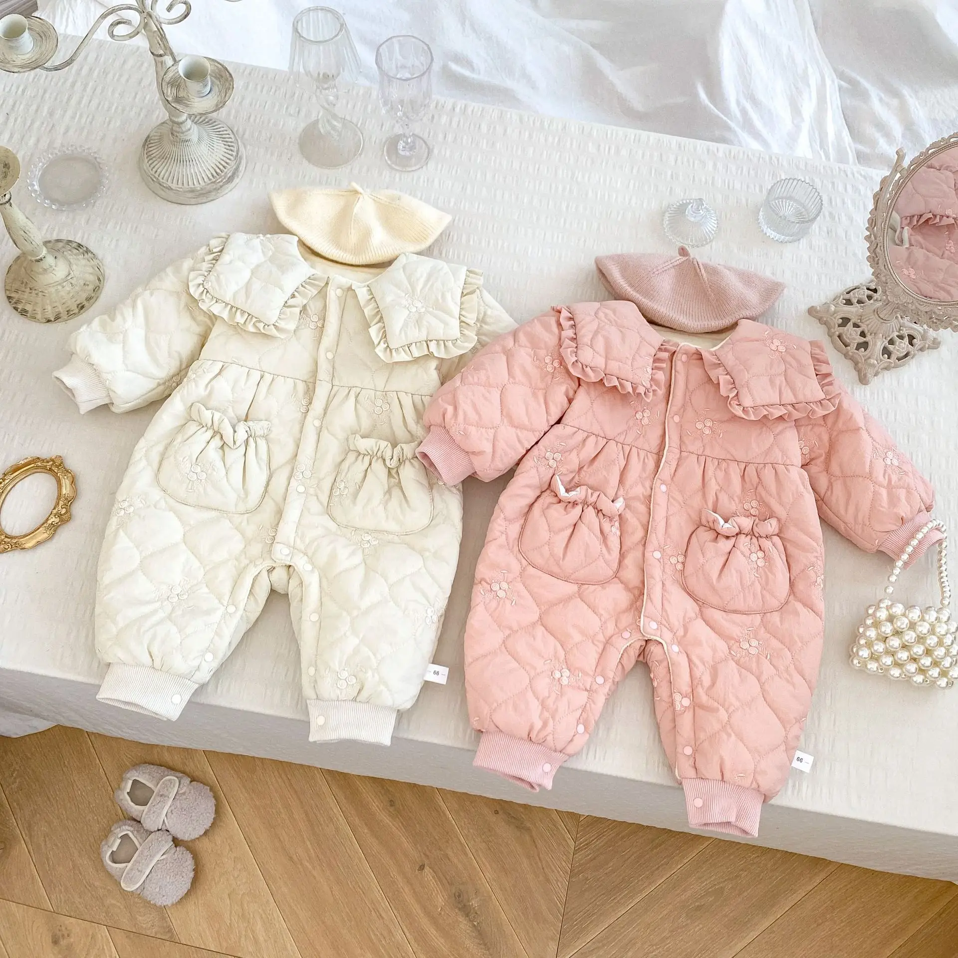 

2025 Winter New Baby Plus Velvet Thick Lapel Romper Infant Girls Embroidery Padded Jumpsuit Newborn Toddler Warm Clothes 0-24M