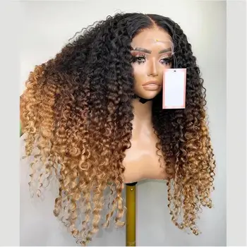 Perruque Lace Front Wig sans colle bouclée crépue blonde ombrée, 26 pouces de long, densité 180, avec cheveux de bébé, perruque préplumée 03/Wear, pour femmes