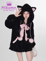 Mikumn Gothic Lolita Kawaii Bow Lace-Up Cat Ears Hoodies Harajuku Y2k Women Autumn Winter Warm Loose Hooded Coats Streetwear