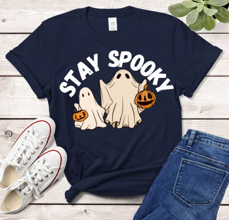 

Stay Spooky Halloween Gift Womens Spooky Season Ghost Short Sleeve Top Tees 100% Cotton Streetwear Harajuku goth Drop shipping