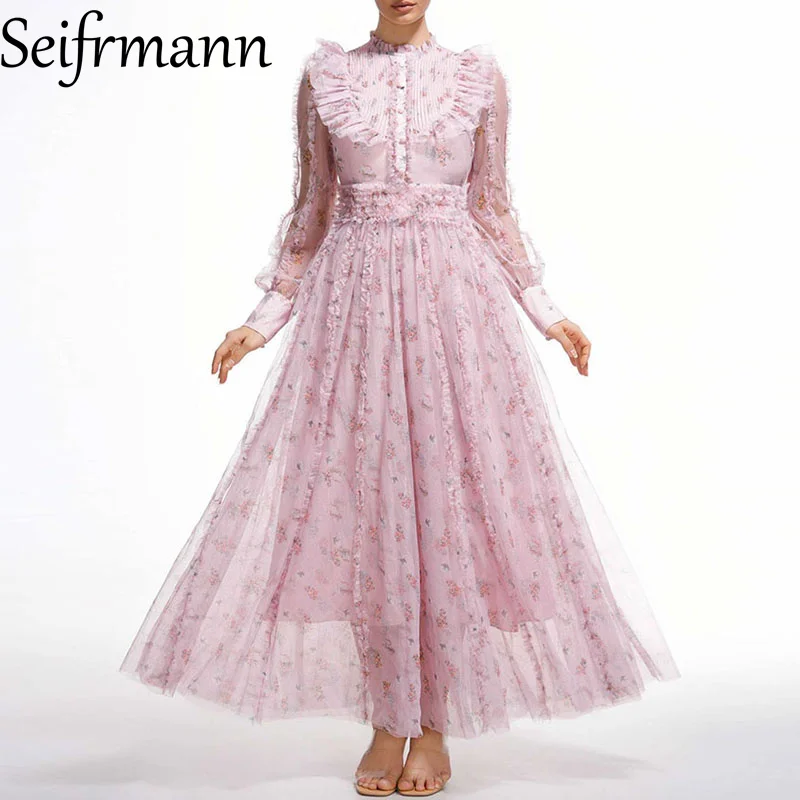 Seifrmann Damen Elegantes Party-Abschlussballkleid, Sommer, Netzstoff, lange Ärmel, Volantrand, Blumendruck, modische Big Swing-Kleider