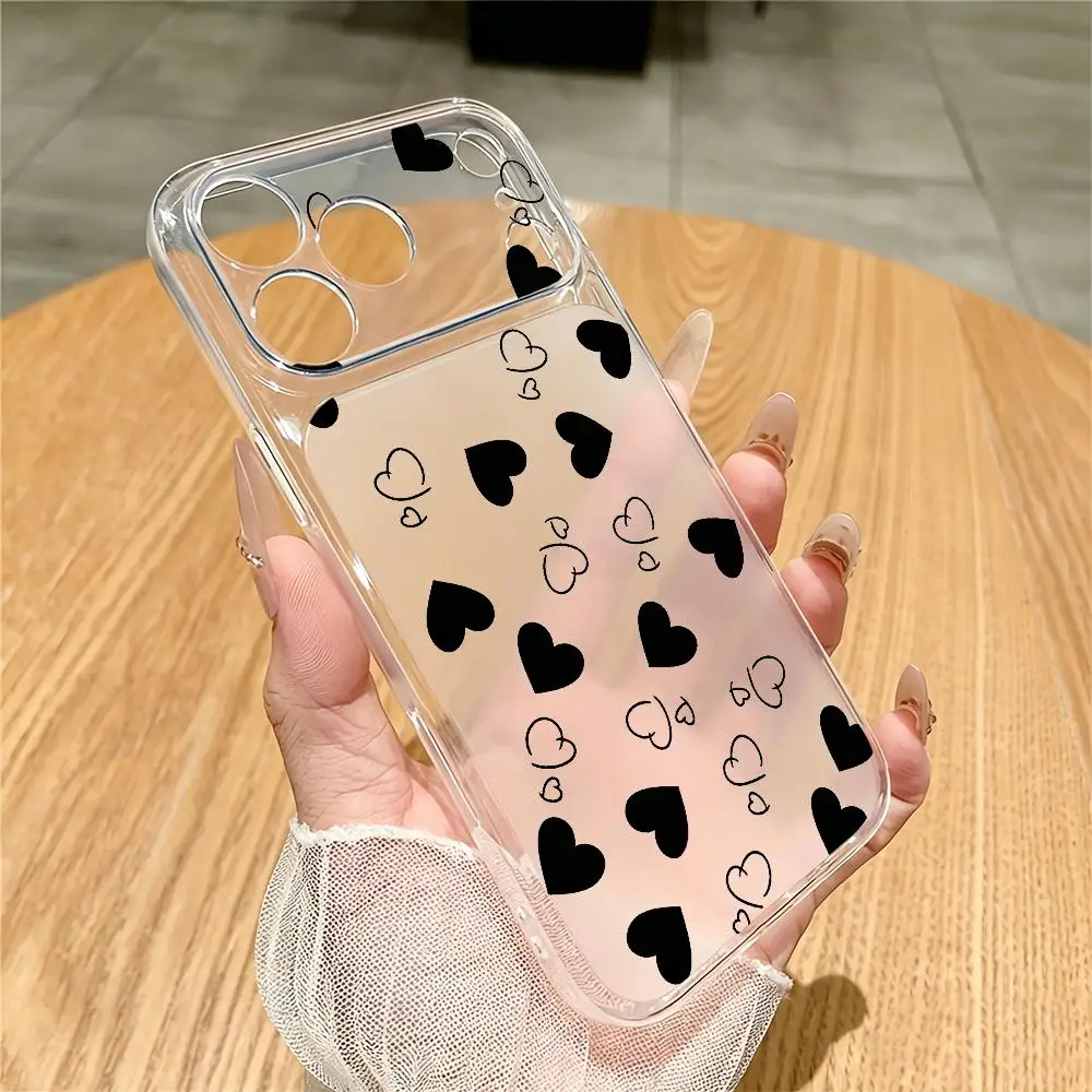 Black heart-shaped transparent phone case suitable for iPhone 18, 17, 16, 15,14, 13, 12, 11Pro/Max/Plus anti drop and shockproof