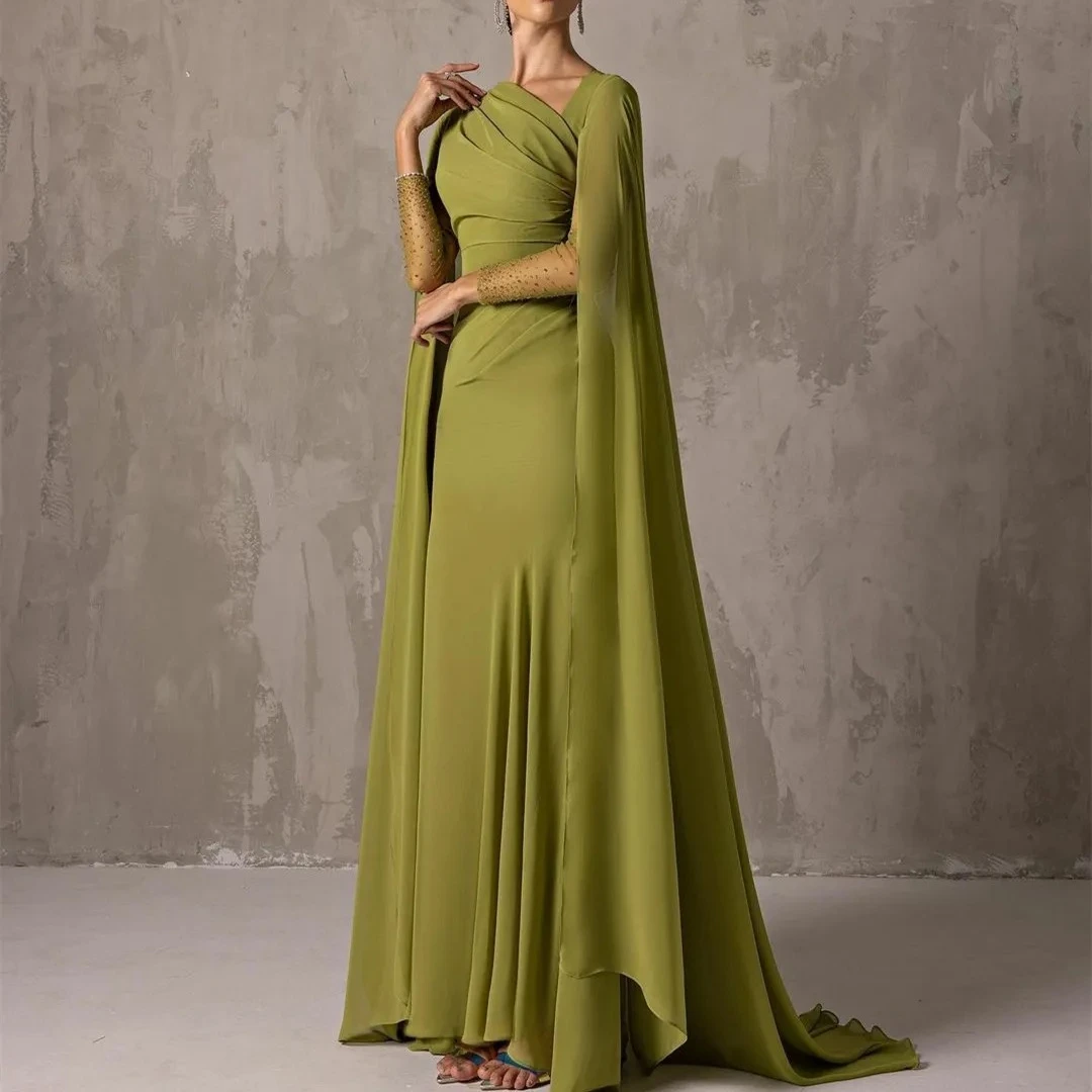 

Elegant Long Green Asymmetrical Neck Evening Dresses With Sleeves Mermaid Crepe Floor Length Zipper Back Prom Dresses for Women