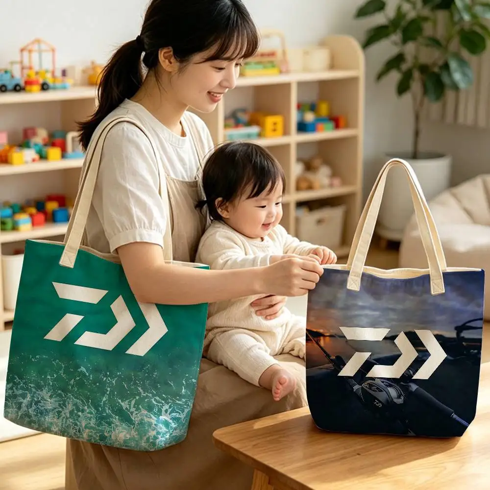 Fishing Tackle Brand D-Daiwa Women Lightweight Cotton Linen Blend Cotton Polyester Tote Bag Purse For City Shoppin