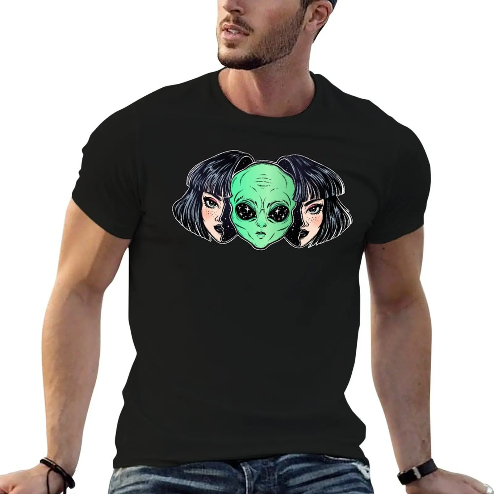 Retrato vibrante colorido de un extraterrestre de la cara del espacio exterior en disfraz como chica humana. Camiseta g hombre camisetas para hombre camiseta