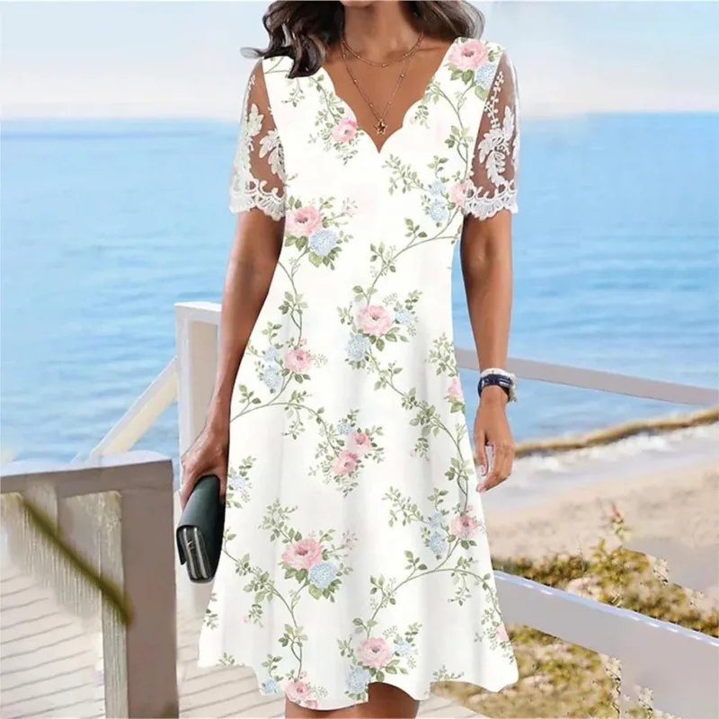 

Lady Elegant Floral Print Dress Y2k Fashion Lace Patchwork Design Short Sleeved Dress Woman's Foreign Style V-neck Vestidos