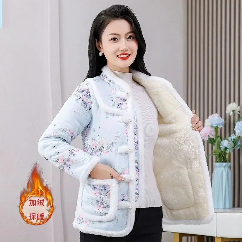 New Chinese Style Winter Plush Jacket Women Retro Ethnic Large Size Embroider Stand Collar Fleece Cotton Coat Outwear Ladies 6XL