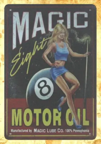 art garage Magic Eight Motor Oil pin-up garage shop metal sign