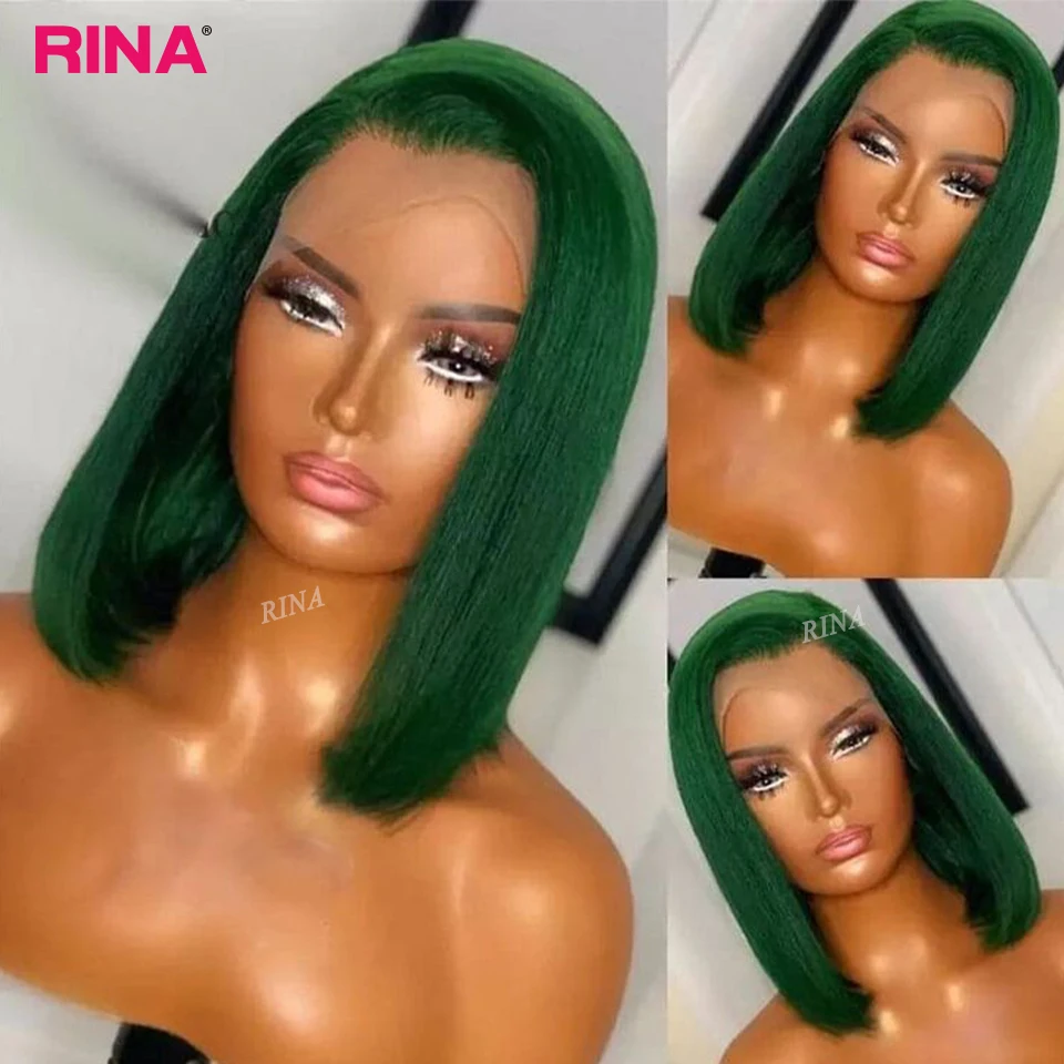 Peluca de cabello humano liso de 13x4, postizo de encaje frontal, corte Bob corto, brasileño, predespuntado, 180 de densidad, Color verde